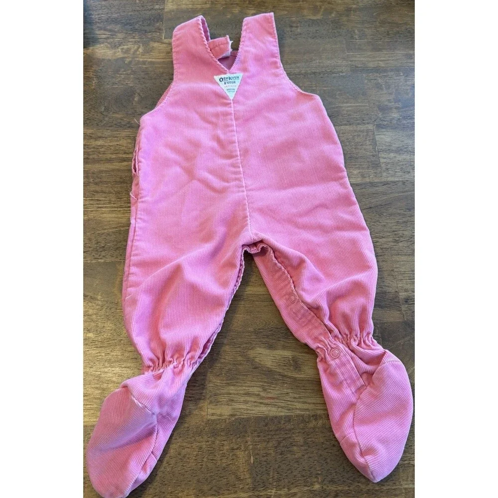 OshKosh Bgosh Vintage Pink Corduroy Vestbak Footed Overalls 6/9 Months USA Girls